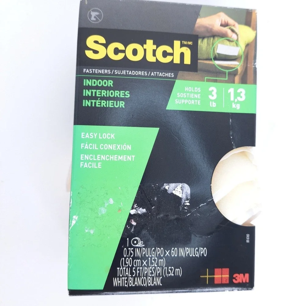 NEW Scotch Indoor Fasteners White Adhesive Easy Lock Hook Loop Tape 5ft